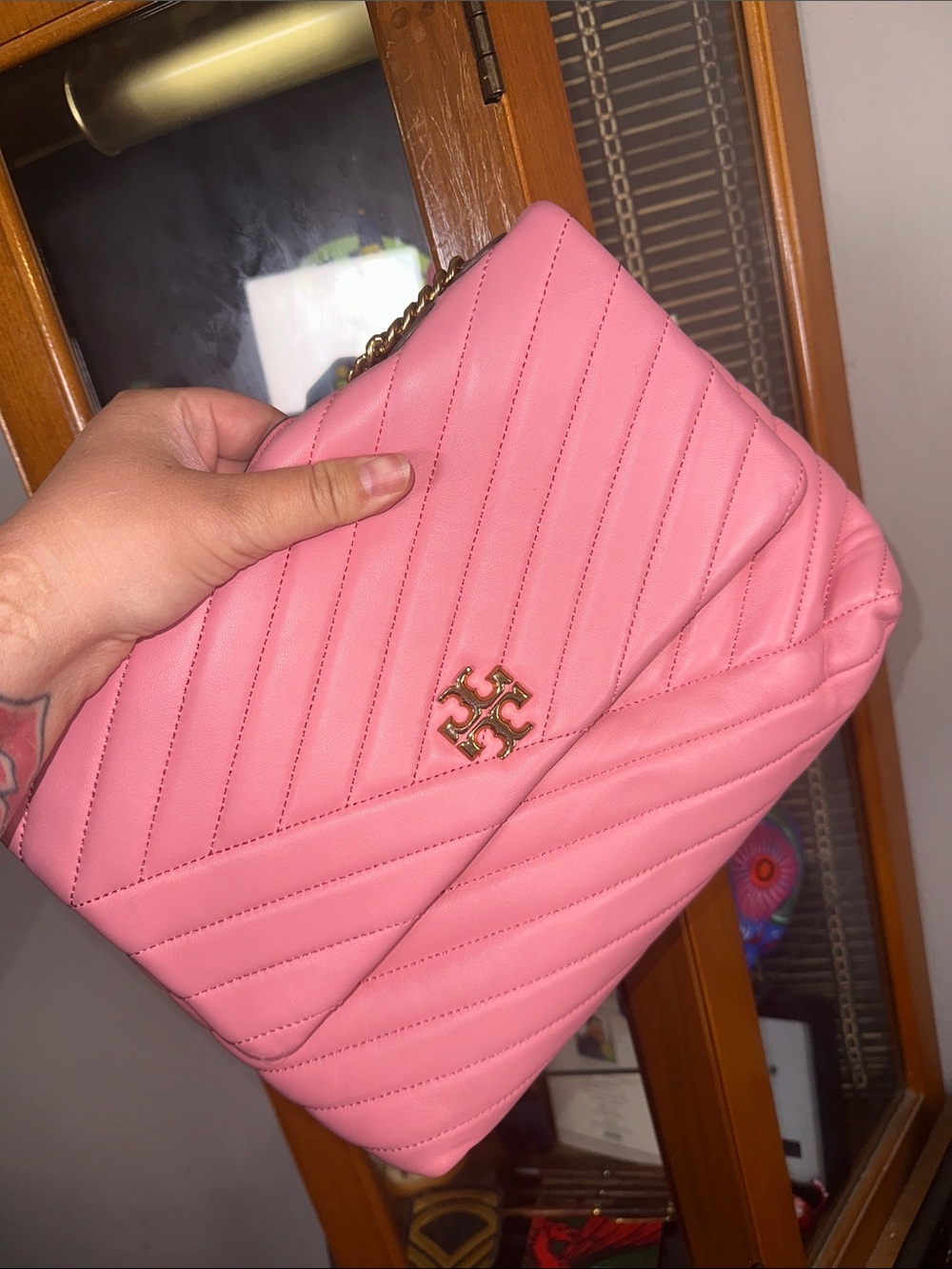 Tory Burch Pink Quilted Kira Chevron Chain Shoulder Bag with Gold Hardware